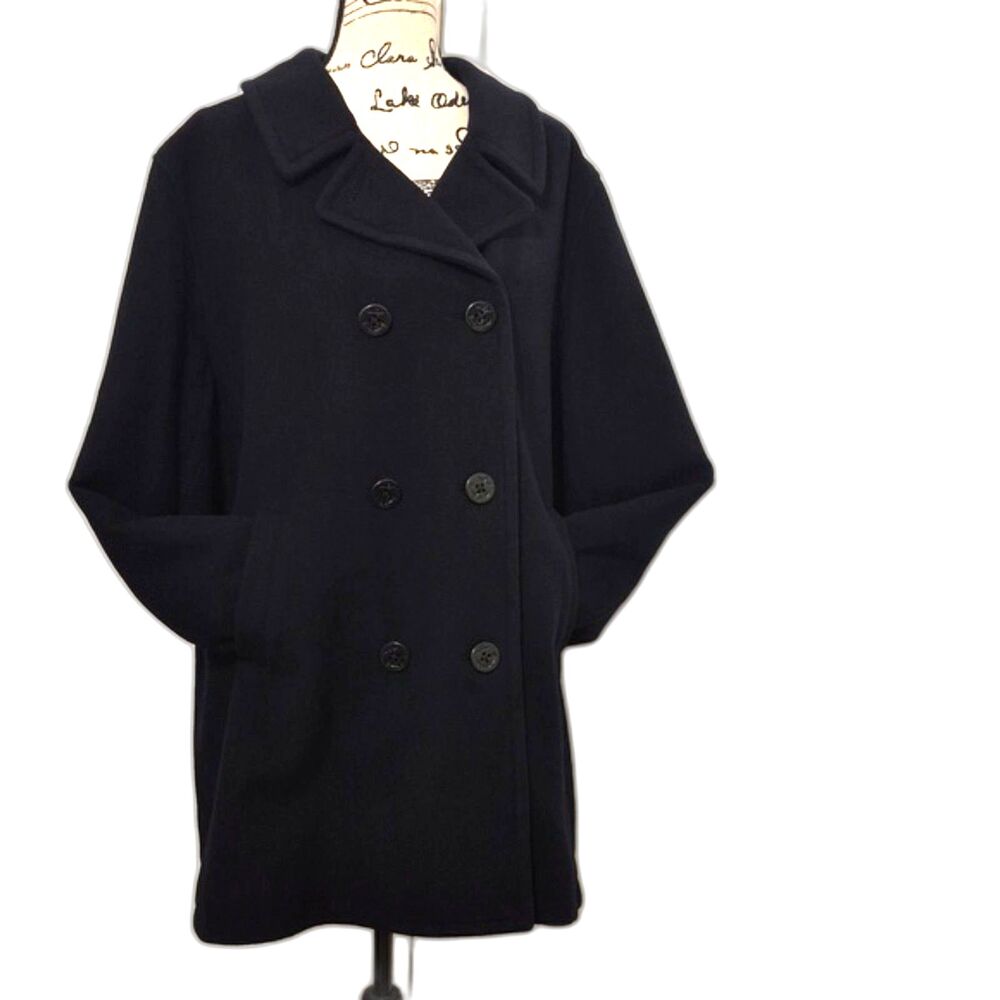 Vintage Lands End Wool Peacoat 1X Black 16W18W Double Breasted Notch Collar